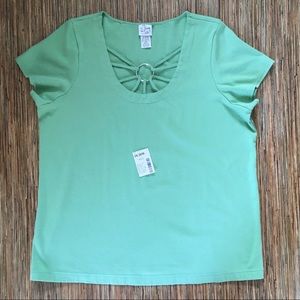 Fashion Bug Top 18/20 Top Knit Scoop Neck Green with Great Metal Ring Detail